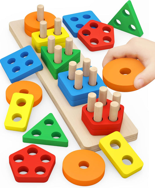 Montessori Toys for 1 to 3-Year-Old Boys Girls Toddlers, Wooden Sorting & Stacking Toys for Toddlers and Kids Preschool, Educational Toys AMZ