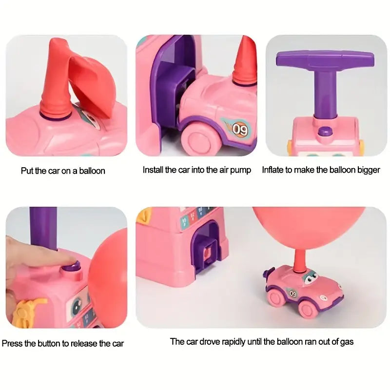 Fun Science Learning Toy Balloon-Powered Car Toy Set with Inflator | Educational Inertia Vehicle for Kids 3+, Plastic, Blue & Pink Combo, No Batteries Needed, Cartoon Theme, Uncharged, Educational Toy, Durable Plastic Toy, Balloon Cars