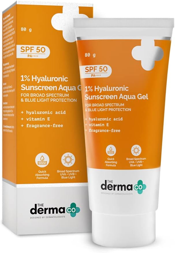 The Derma Co 1% Hyaluronic Sunscreen SPF 50 Aqua Gel, PA++++, Lightweight, No white-cast for Broad Spectrum & Blue Light Protection for Oily, Dry, Acne-prone Skin - 80g