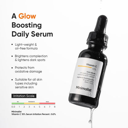 Minimalist 10% Vitamin C Face Serum for Skin Brightening | Highly Stable & Effective Face Serum with pure Ethyl Ascorbic Acid & Acetyl Glucosamine for Glowing Skin | 30ml