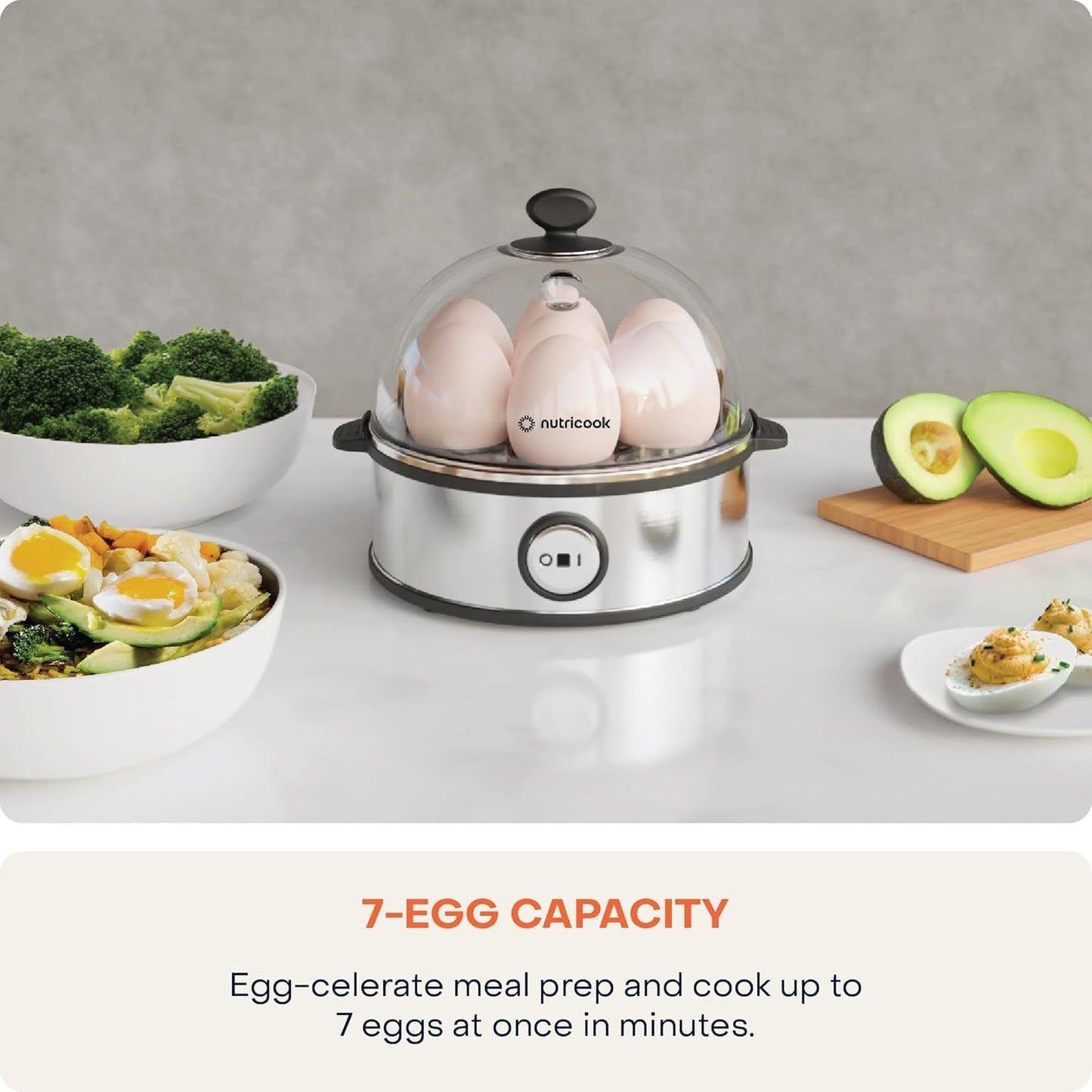 NutriCook Rapid Egg Cooker: 7 Egg Capacity Electric Egg Cooker for Boiled Eggs, Poached Eggs, Scrambled Eggs, or Omelettes with Auto Shut Off Feature - Silver