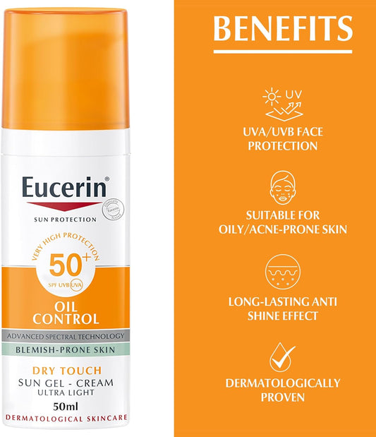 Eucerin Face Sunscreen Oil Control Gel-Cream Dry Touch, High UVA/UVB, SPF 50+, Light Texture Sun Protection, Suitable Under Make-Up, For Blemish-Prone Skin, 50ml