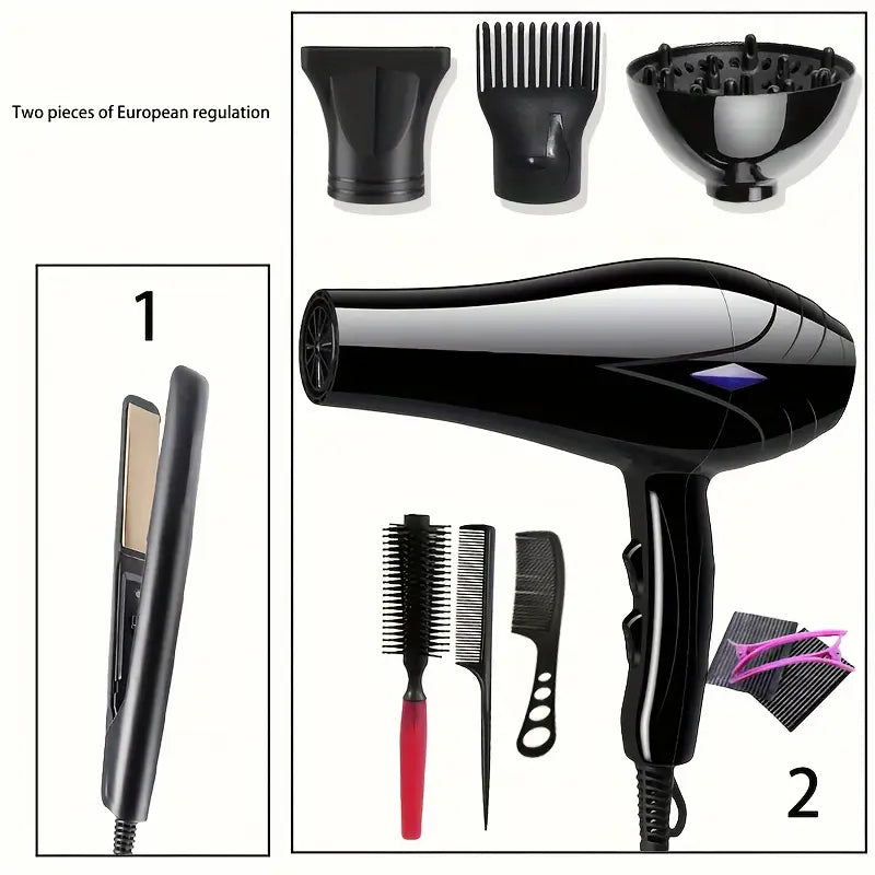 Professional Women's Hair Dryer and Straightener Set, 220V, European Plug, Including Comb and Brush Accessories, Fast Heating, Brush Motor