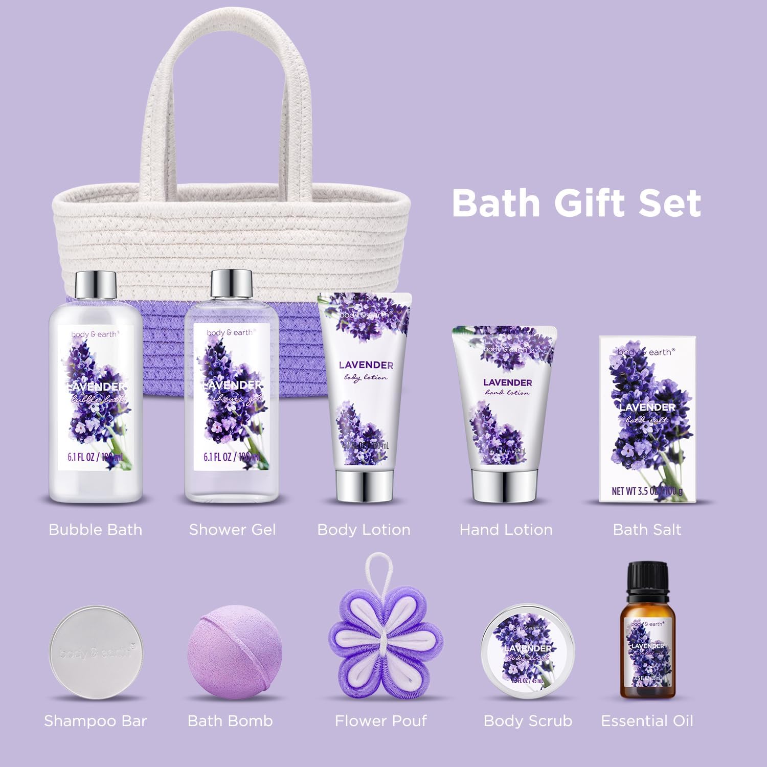 Bath Spa Gift Set, Body & Earth Gift Basket 6-Piece Lavender Scented Spa Basket Kits for Women, Contains Shower Gel, Bubble Bath, Body Lotion, Bath Salt, Body / amz