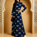 Women'S Elegant Printed Long Dress, Long Sleeves, Floral Pattern, High Neck | Printed Dress, Middle Eastern Dress, Muslim Robe