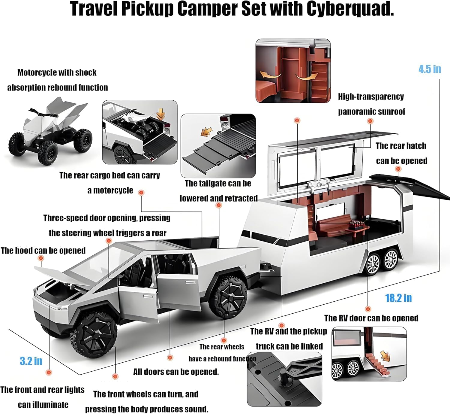 Cybertruck Toy Trucks with RV Motorcycle Cybertquad Alloy Die-cast Model Car Pickup Truck 1：32 Toy Race Cars with Sound and Light Ideal Gift for Kids / AMZ