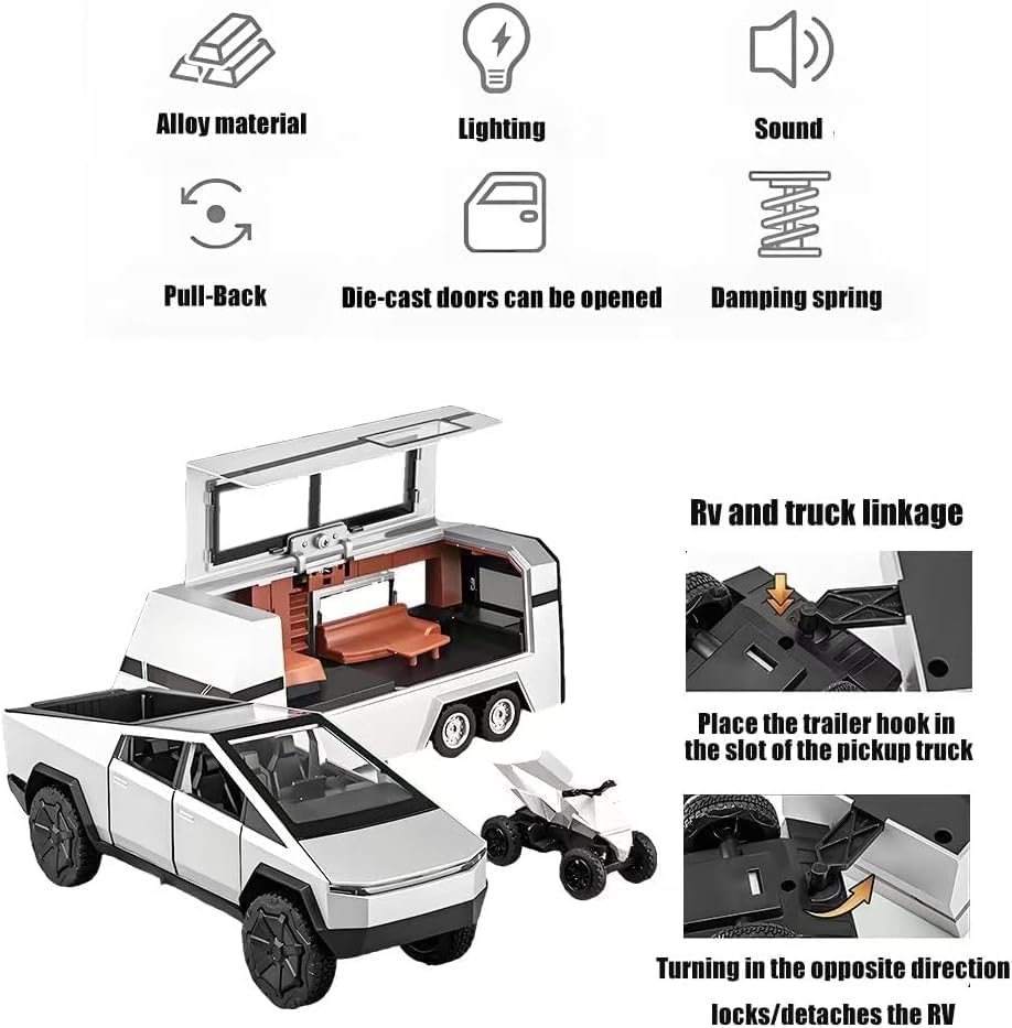 Cybertruck Toy Trucks with RV Motorcycle Cybertquad Alloy Die-cast Model Car Pickup Truck 1：32 Toy Race Cars with Sound and Light Ideal Gift for Kids / AMZ