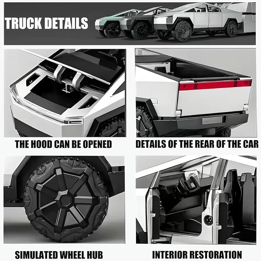Cybertruck Toy Trucks with RV Motorcycle Cybertquad Alloy Die-cast Model Car Pickup Truck 1：32 Toy Race Cars with Sound and Light Ideal Gift for Kids / AMZ