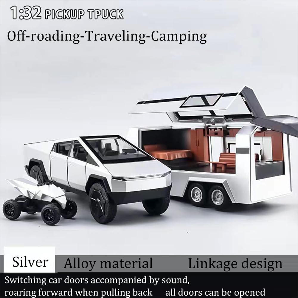Cybertruck Toy Trucks with RV Motorcycle Cybertquad Alloy Die-cast Model Car Pickup Truck 1：32 Toy Race Cars with Sound and Light Ideal Gift for Kids / AMZ