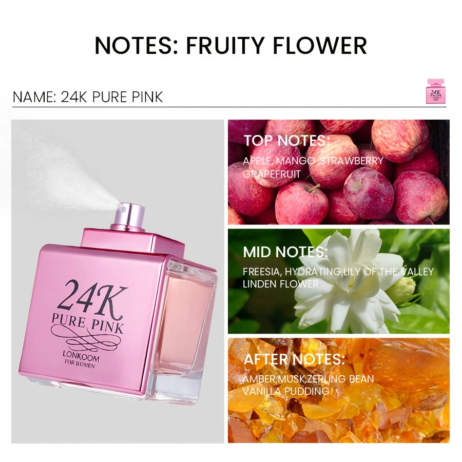 [Pure Pink, 24K Perfume] LONKOOM 24K Pure Pink Eau De Parfum - 100ml, Floral & Fruity Scent /tm