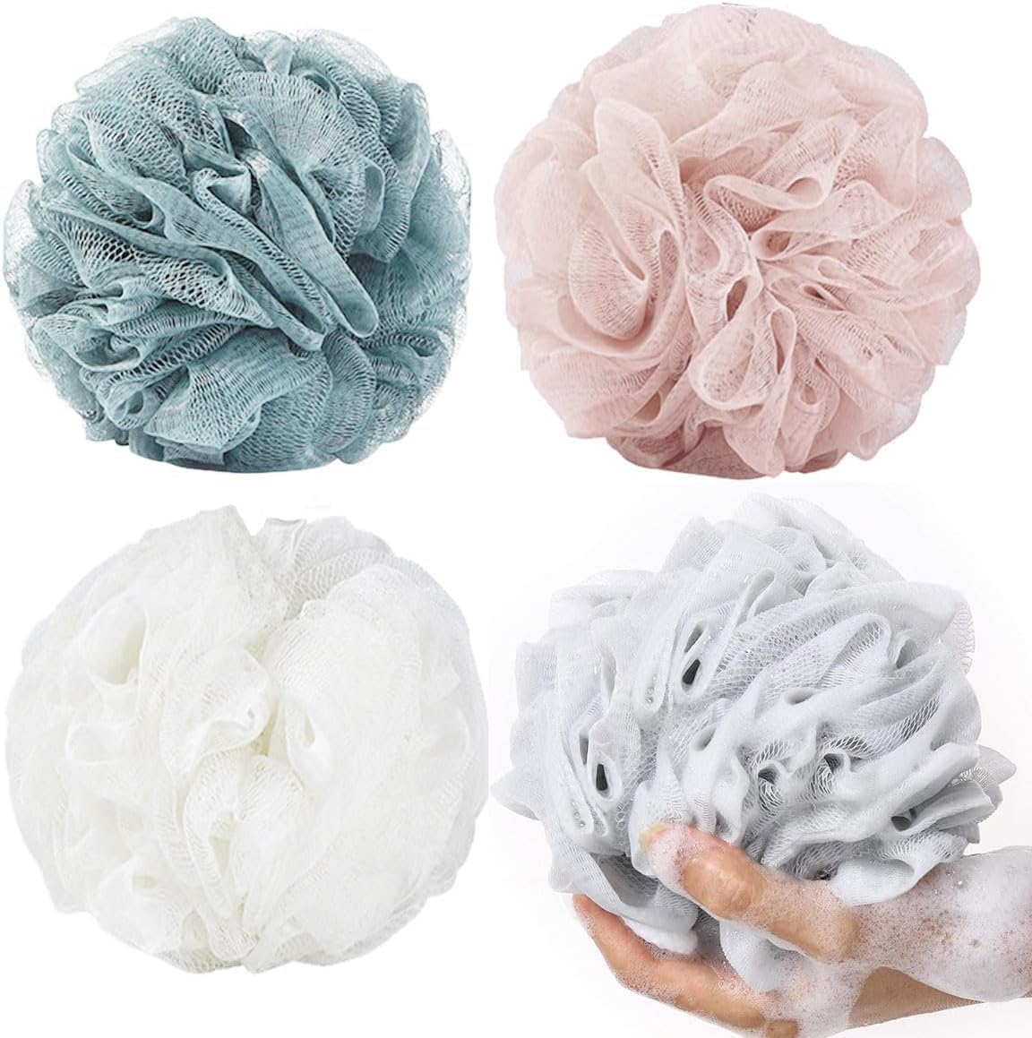 SHOWAY Large Bath Shower Sponge Pouf Loofahs: 4 Packs Each Eco-friendly Exfoliating Mesh Brush Pouf Bath Shower Ball Sponge-Exfoliate, Cleanse, Soothe Skin / amz