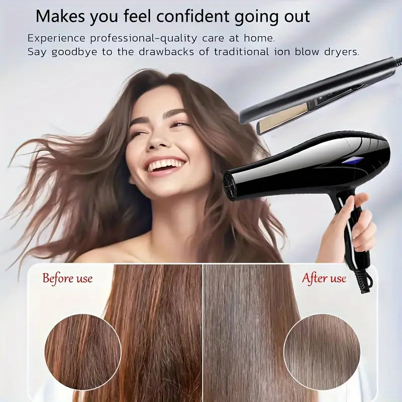 Professional Women's Hair Dryer and Straightener Set, 220V, European Plug, Including Comb and Brush Accessories, Fast Heating, Brush Motor