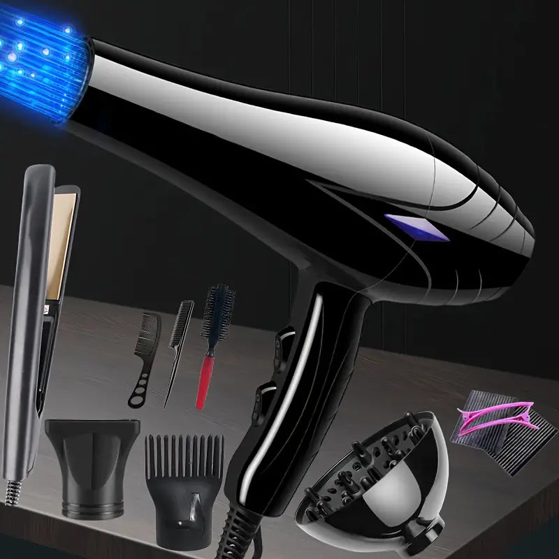 Professional Women's Hair Dryer and Straightener Set, 220V, European Plug, Including Comb and Brush Accessories, Fast Heating, Brush Motor