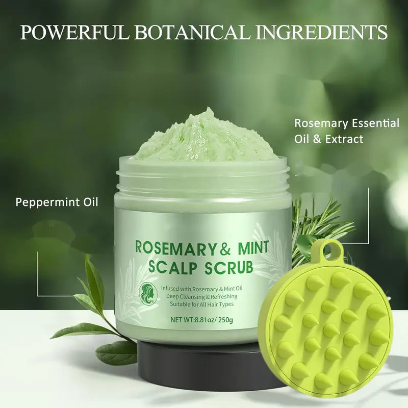 250g 2-in-1 Rosemary & Mint Scalp Care & Shampoo Scrub, with Head Massager, Rosemary Scalp Cream, Deep Cleansing Hair, Moisturizing and Smoothing Dry Hair, Suitable for All Hair Types
